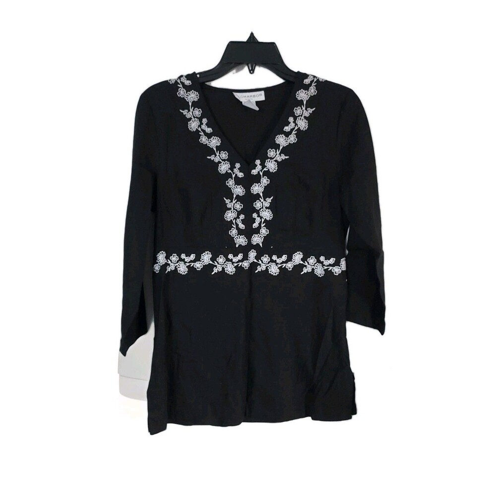 Sag Harbor Women’s Petite Small Black Embroidered Top - Linen - Rayon NEW